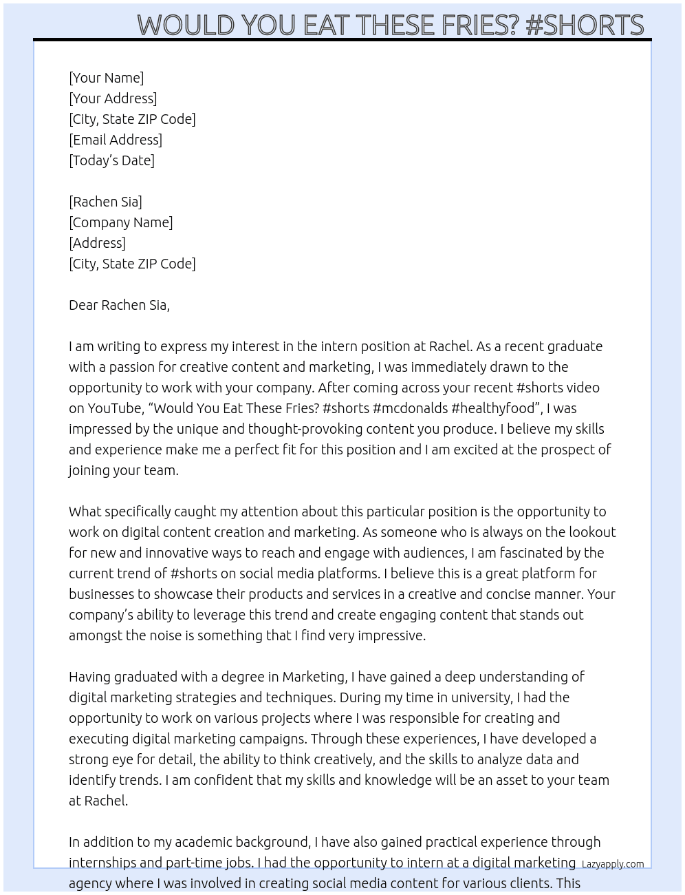intern At Rachel Cover Letter