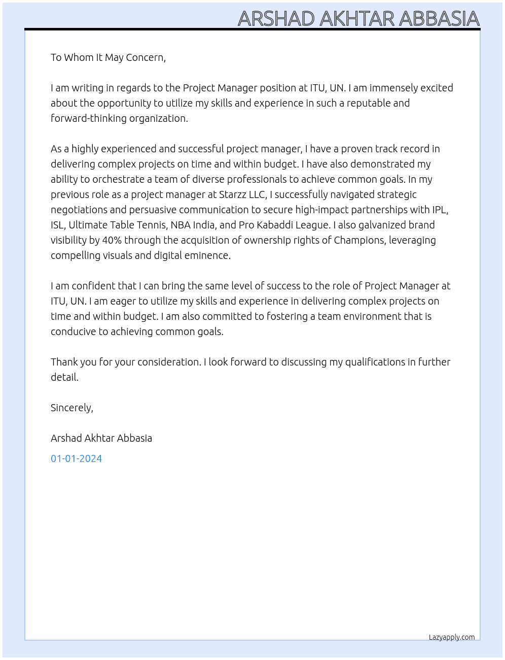 Project Manager At ITU, UN Cover Letter