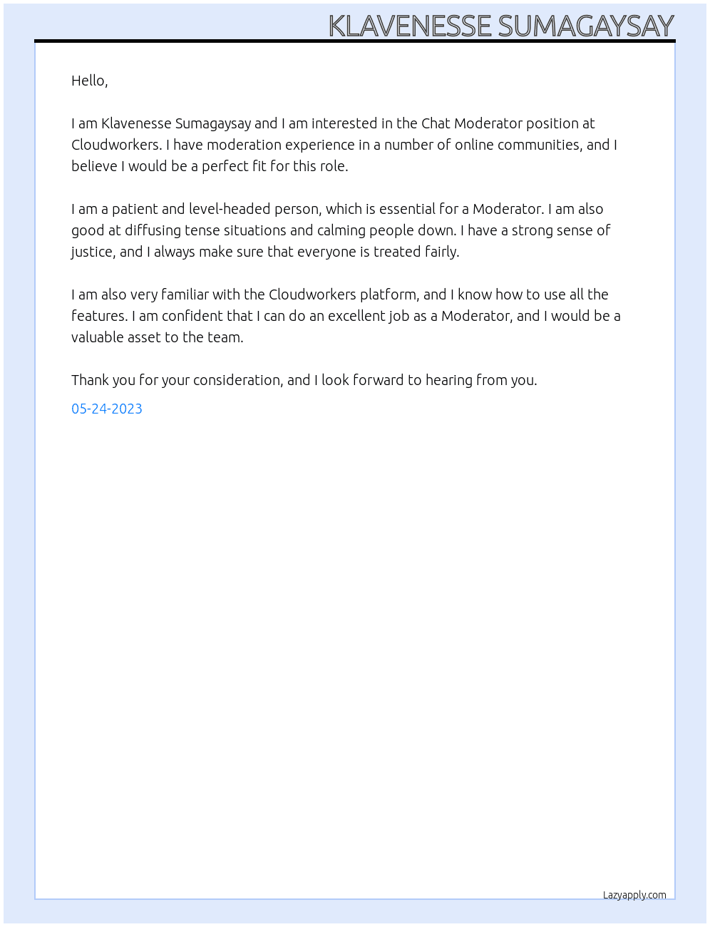 Chat Moderator At Clousworkers Cover Letter