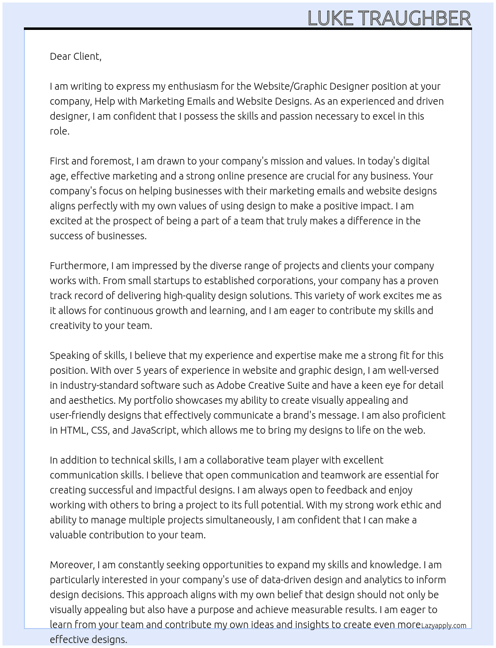 Website/graphic designer At help with marketing emails and website designs Cover Letter