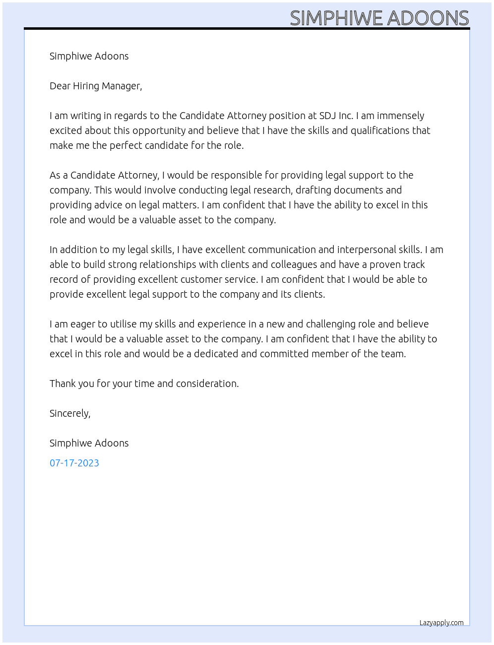Candidate Attorney At SDJ Inc.  Cover Letter