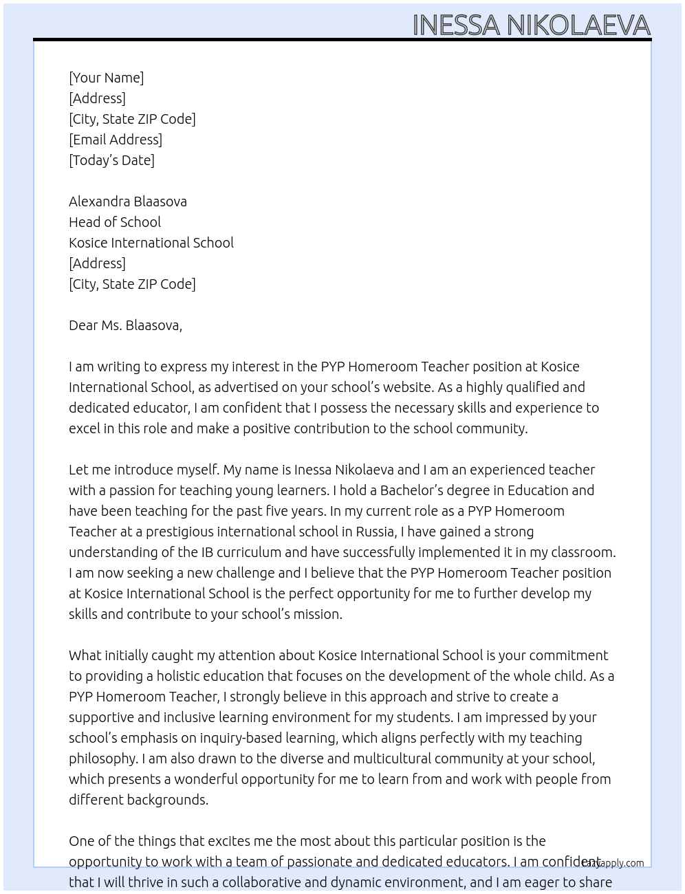 PYP Homeroom Teacher At Kosice International School Cover Letter