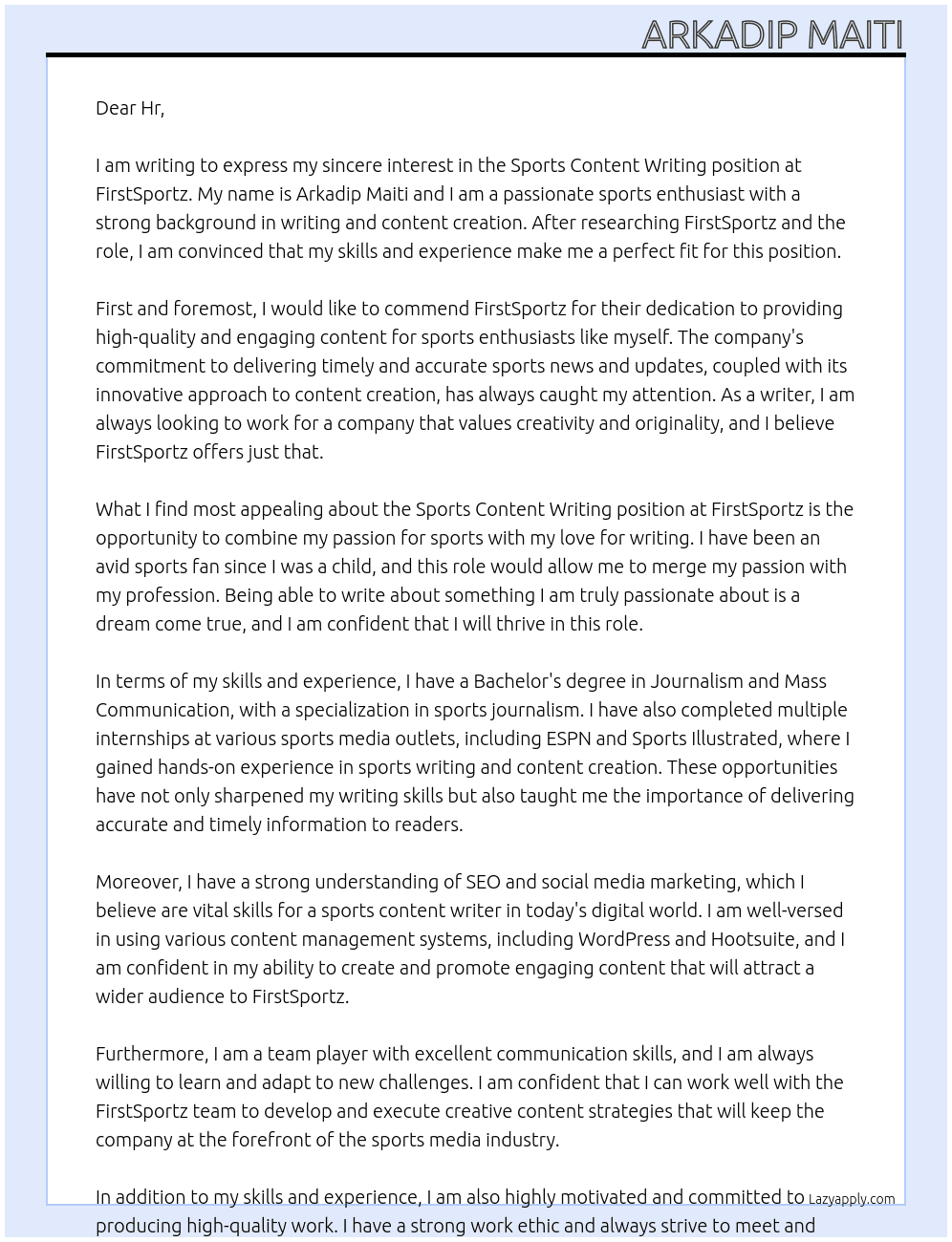 Sports Content writing  At FirstSportz Cover Letter