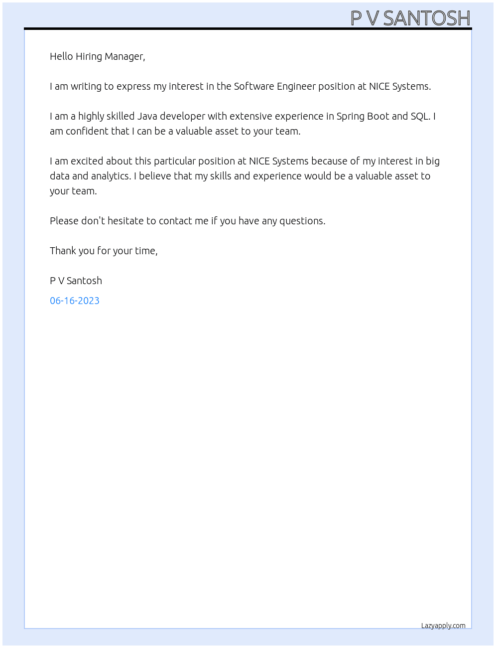 Software Engineer At NICE Systems Cover Letter