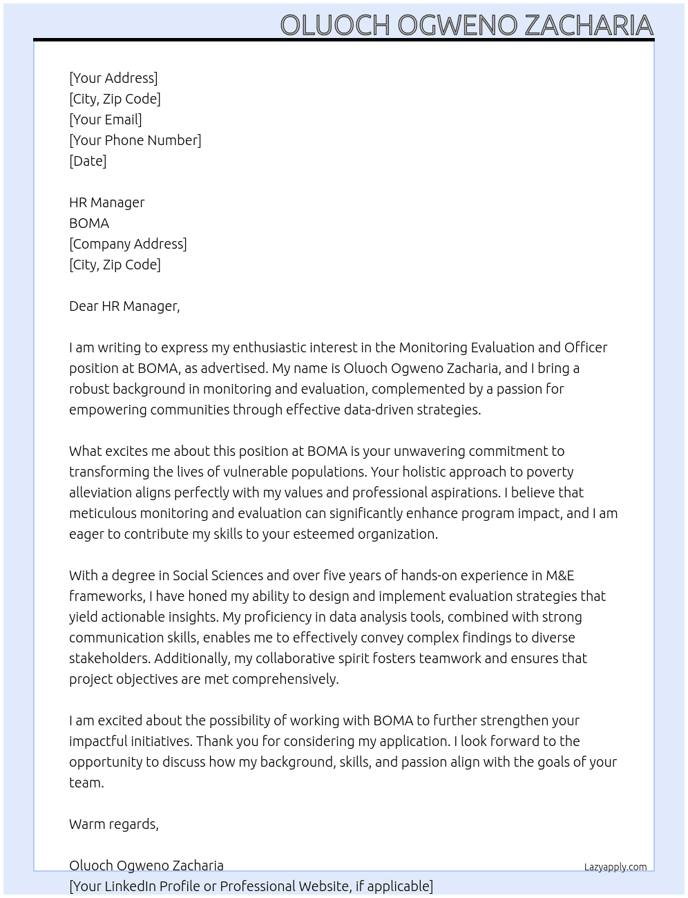 	 Monitoring Evaluation and Officer At BOMA Cover Letter