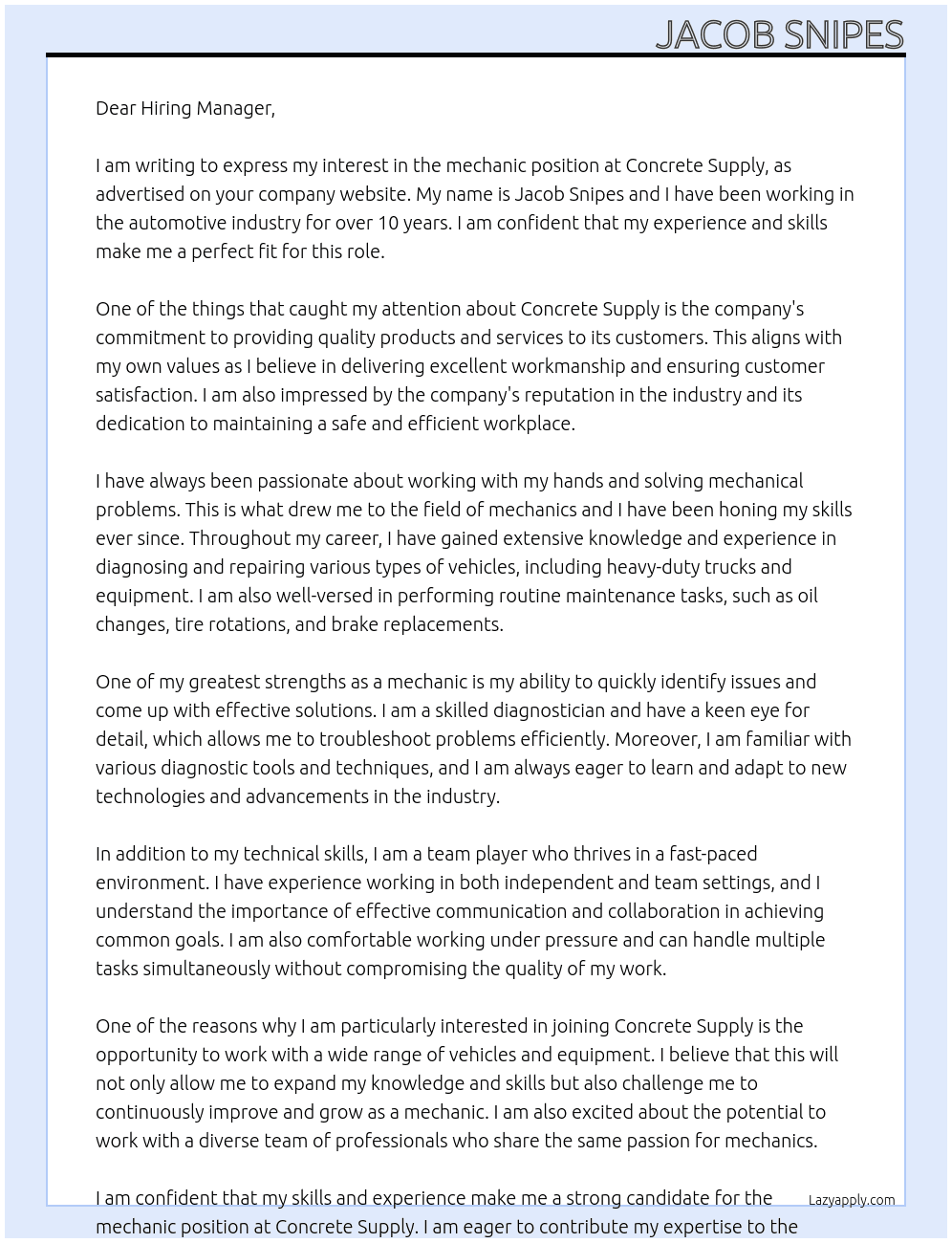 mechanic  At concrete supply  Cover Letter