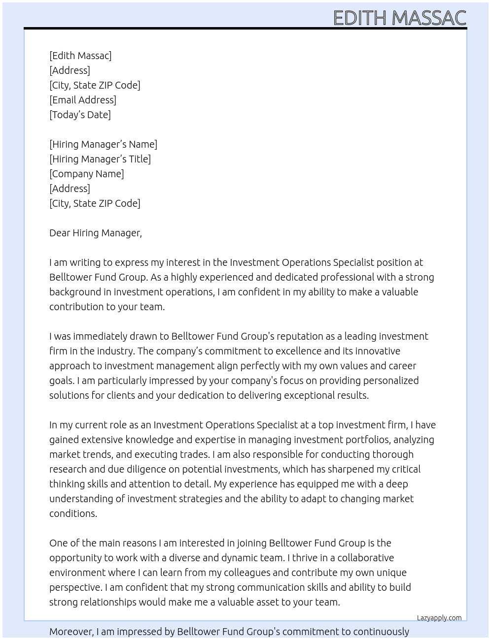 Investment Operations Specialist  At Belltower Fund Group Cover Letter