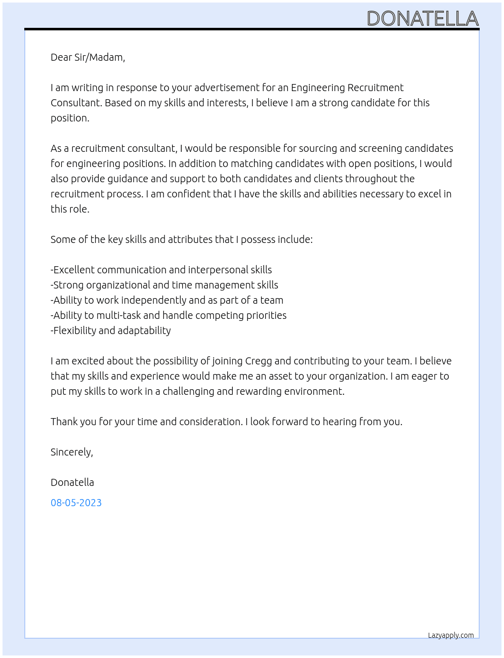 Engineering Recruitment Consultant At Cregg Cover Letter