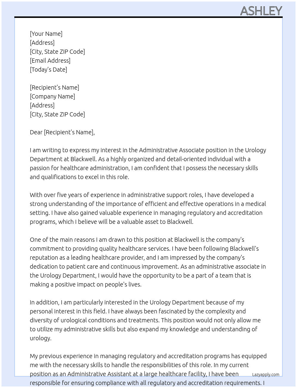 Administrative Associate, Urology Department At Blackwell Cover Letter