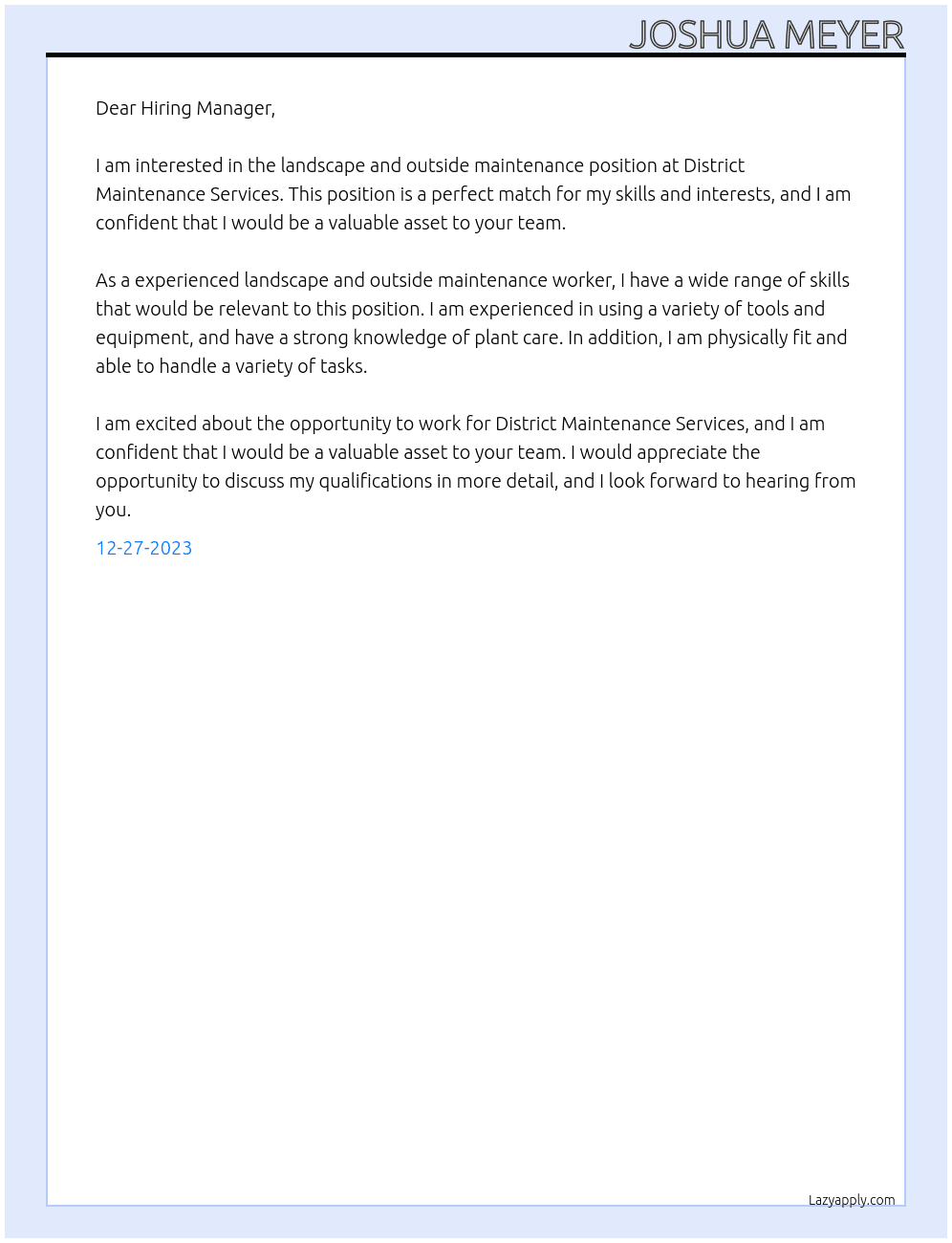 Landscape and Outside Maintenance At District Maintenance Services Cover Letter