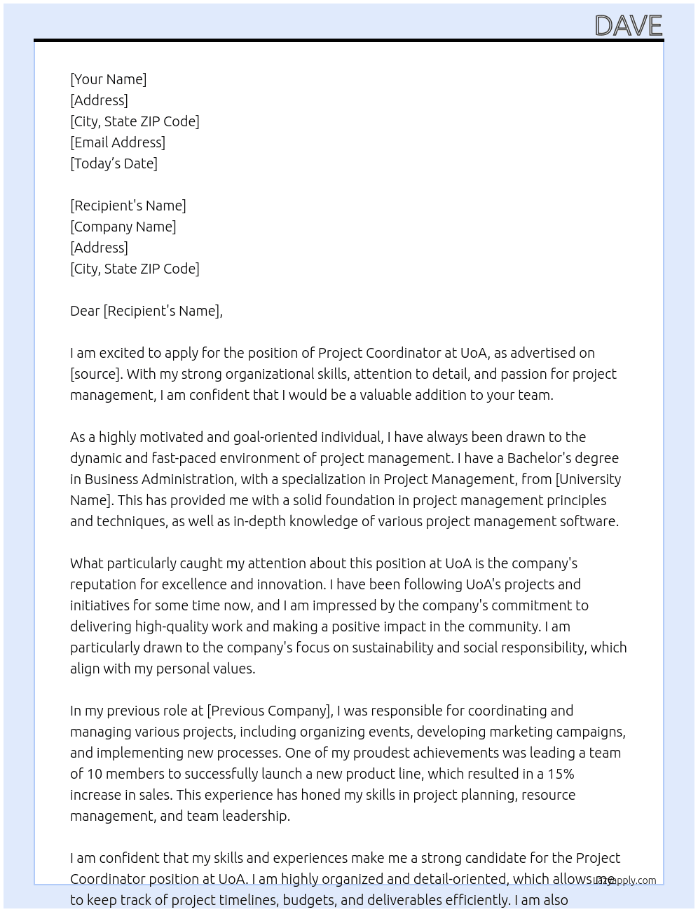 Project coordinator At UoA Cover Letter