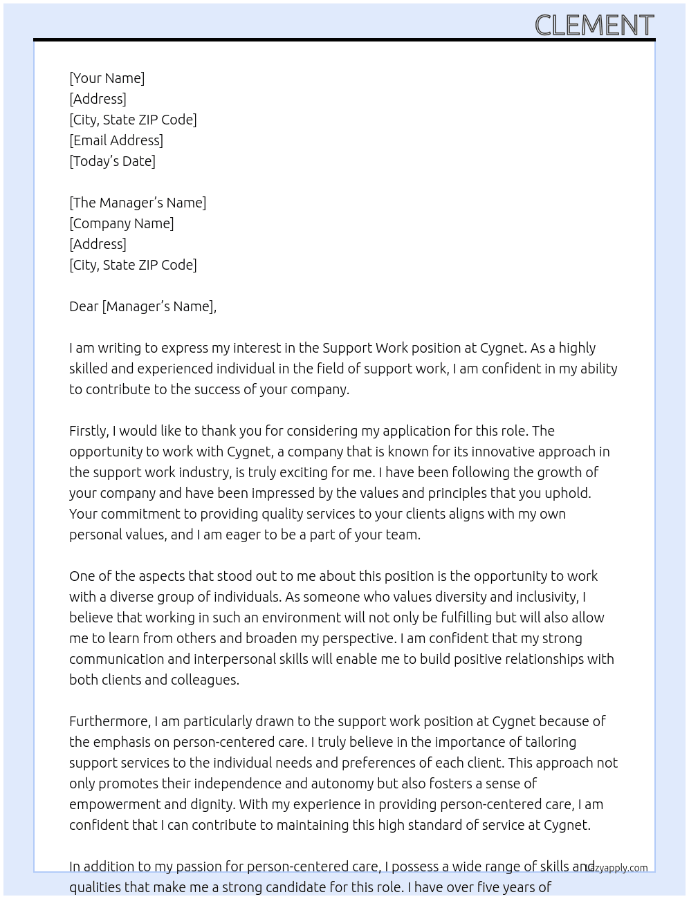 Support work At Cygnet Cover Letter