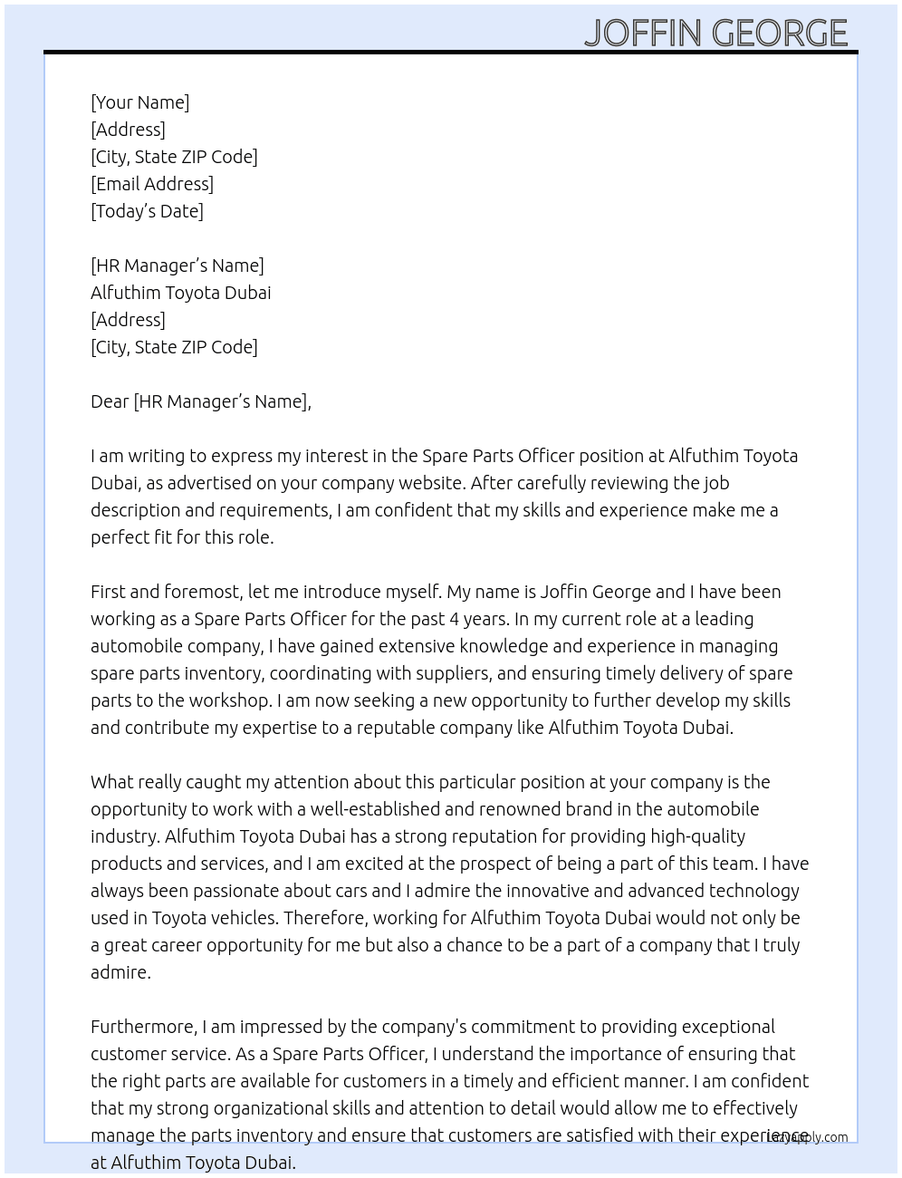 Spare parts officer  At Alfuthim toyota dubai Cover Letter