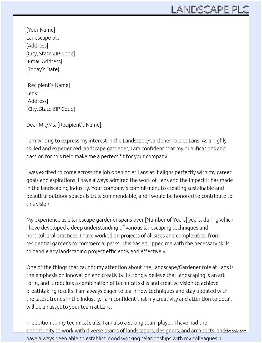 Landscape gardener At Lans Cover Letter