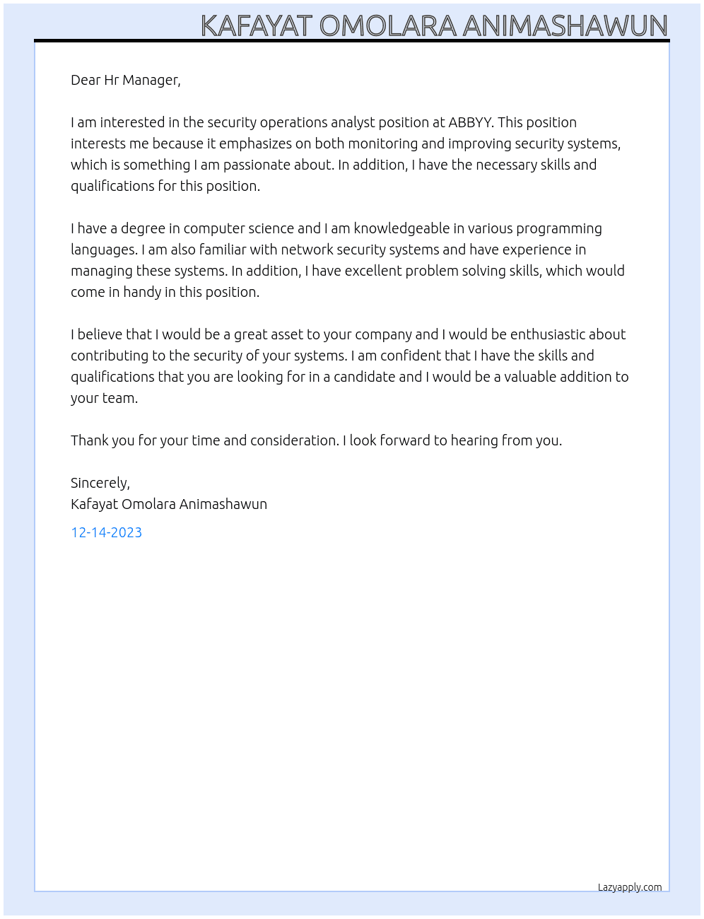 Security Operations Analyst At ABBYY Cover Letter