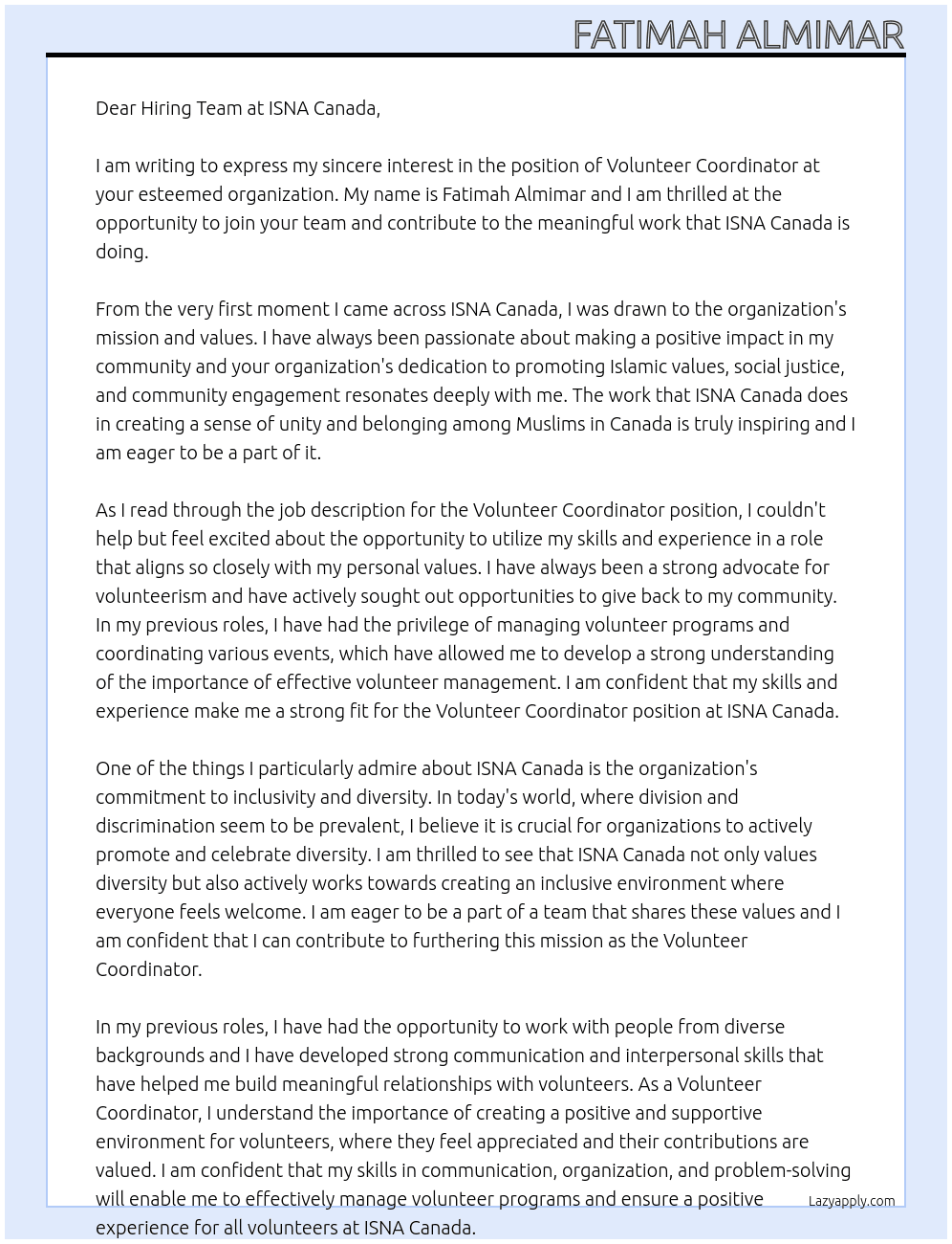 Volunteer Coordinator At ISNA Canada Cover Letter
