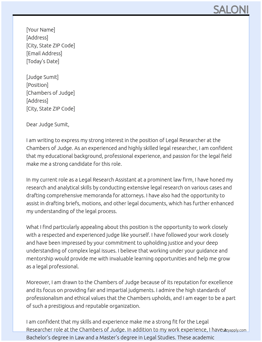 Legal researcher At Chambers of judge   Cover Letter