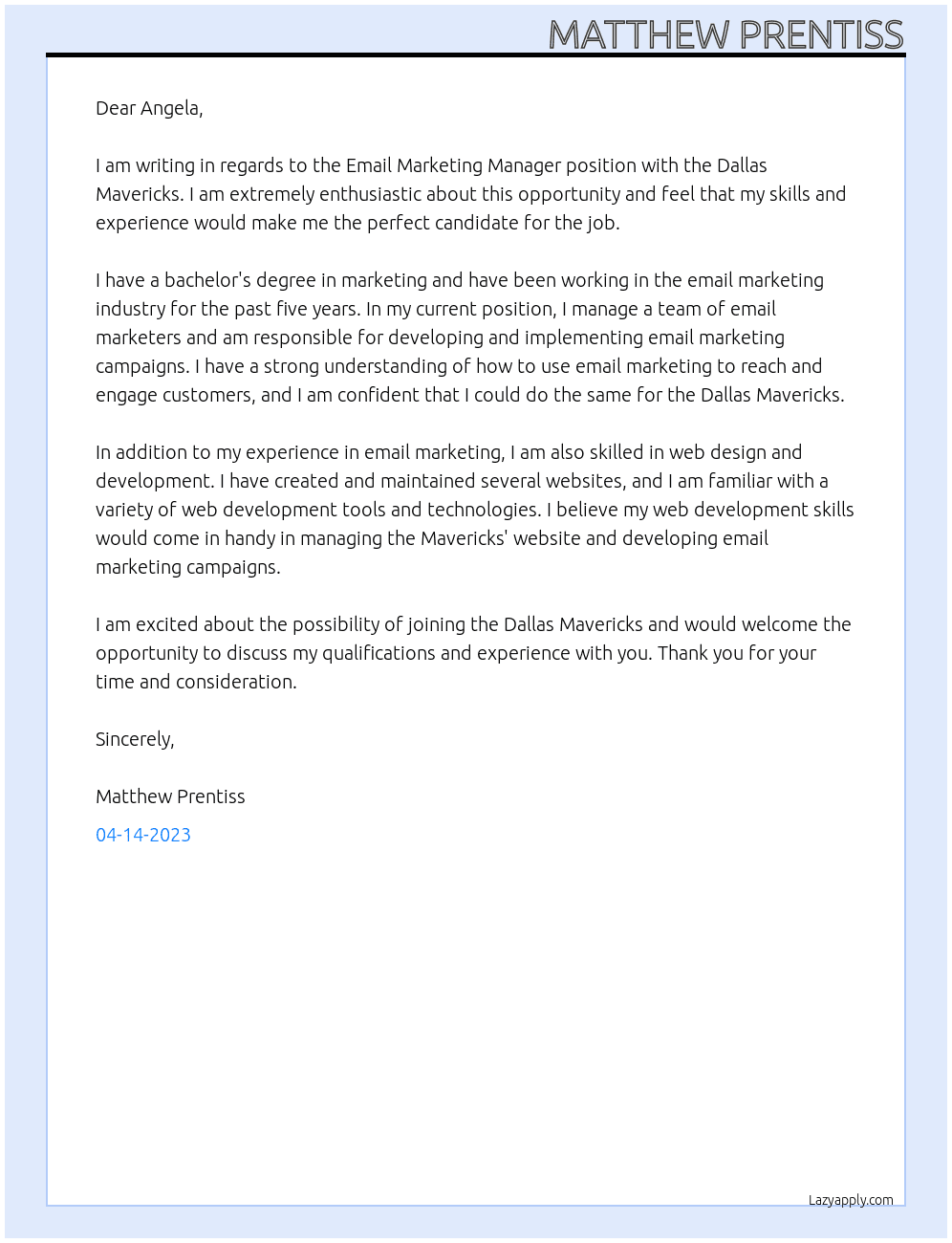 Email Marketing Manager At Dallas Mavericks Cover Letter