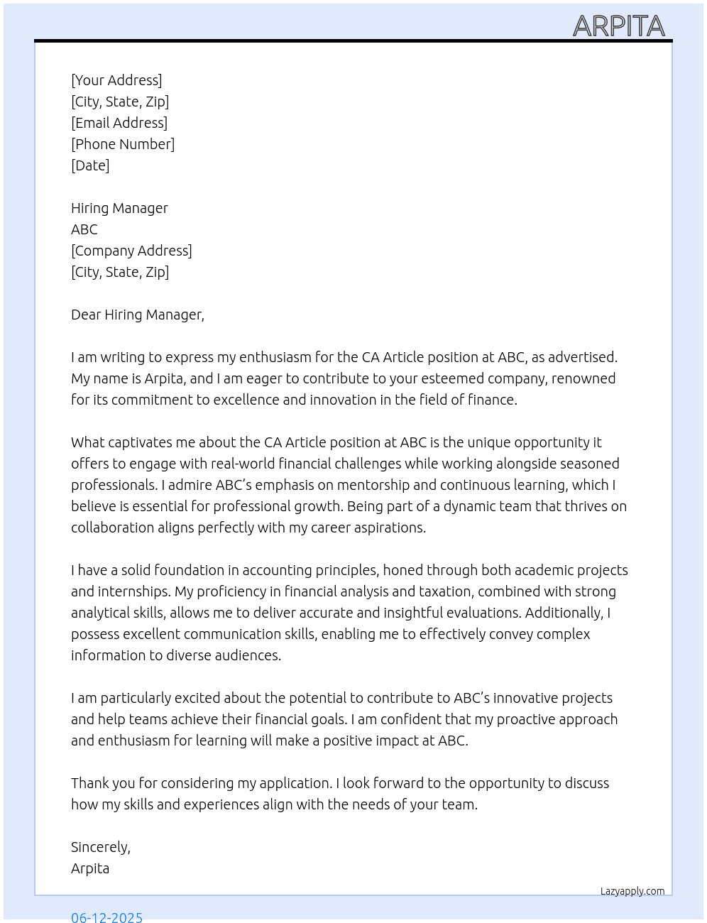 CA ARTICLE At ABC Cover Letter