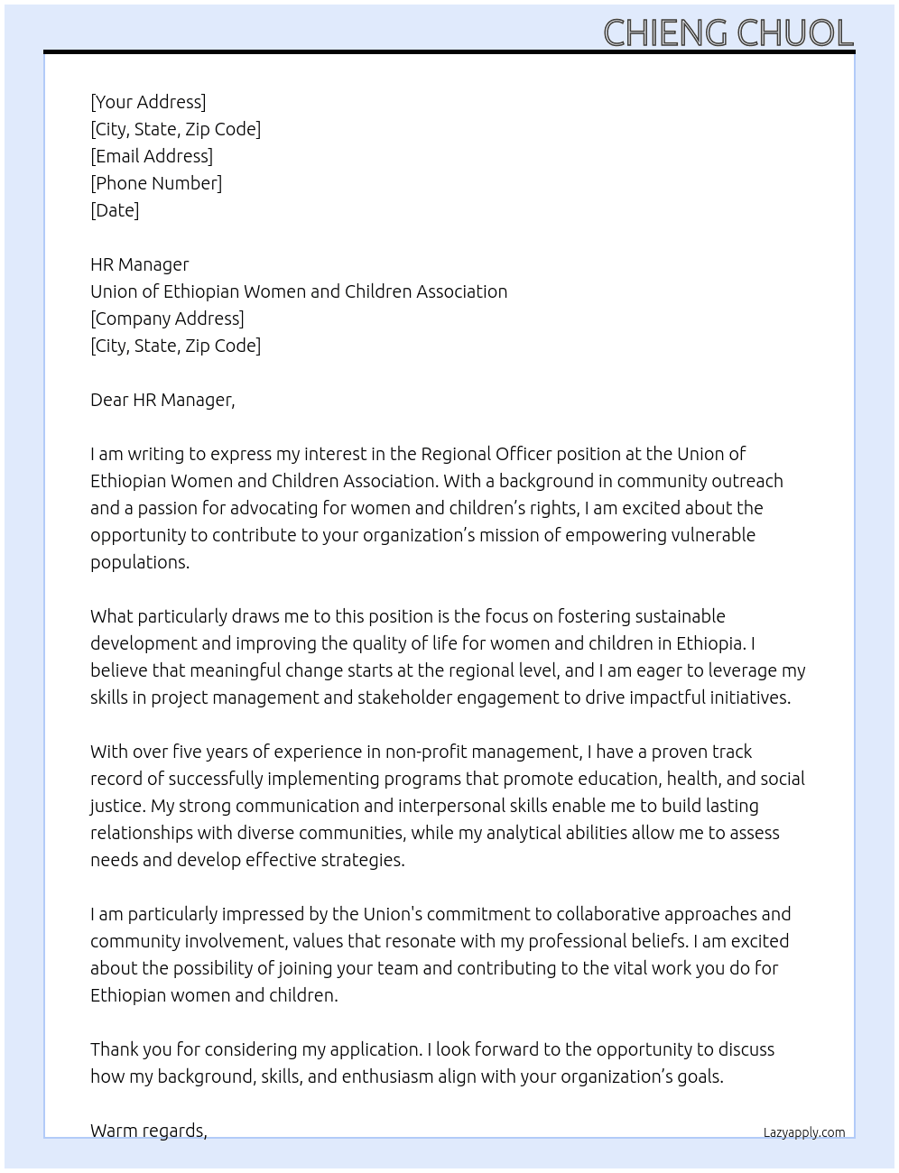 Cover letter for regional officer - LazyApply