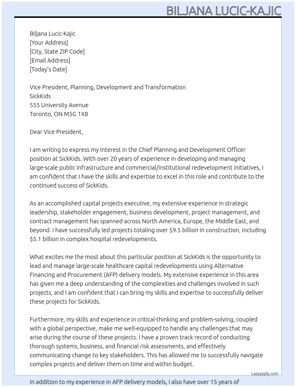 Chief Planning and Development Officer At SickKids Cover Letter