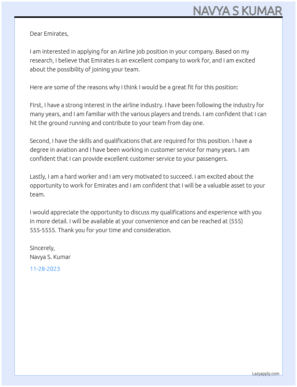 Airline job At Emirates  Cover Letter