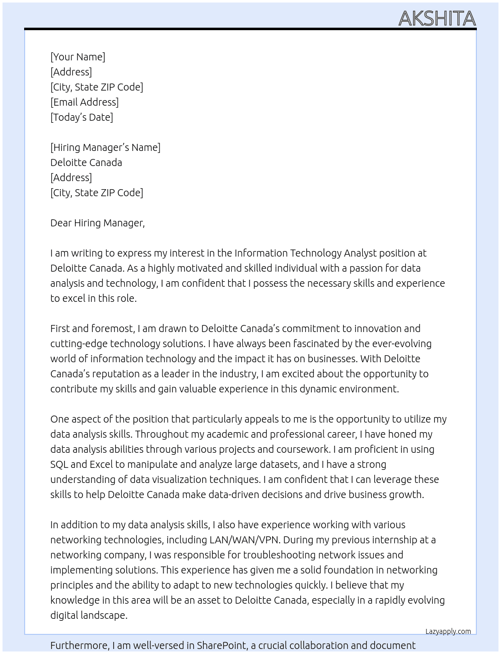 Information Technology Analyst At Deloitte Canada Cover Letter