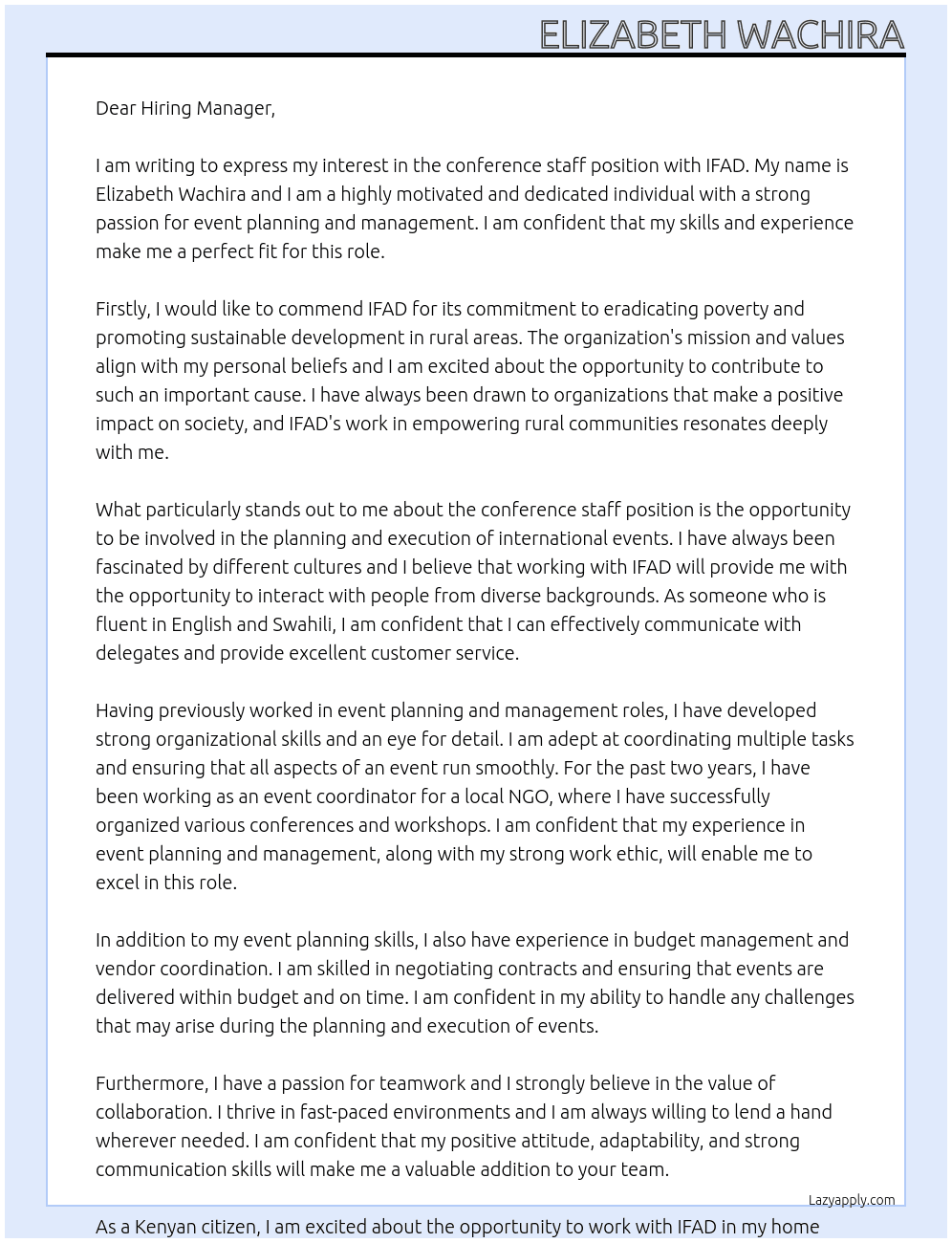 conference staff At IFAD Cover Letter