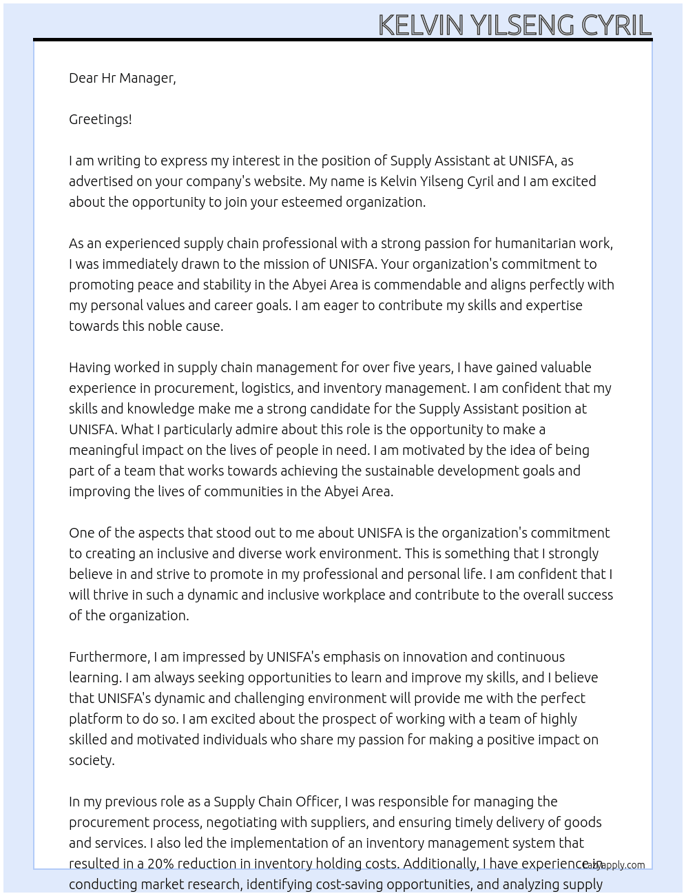 Supply Assistant At UNISFA Cover Letter