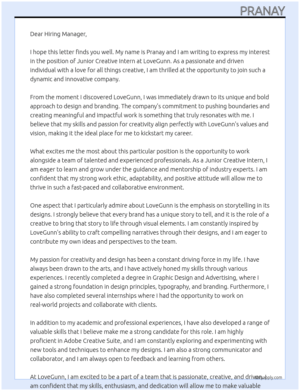 Junior Creative Intern At LoveGunn Cover Letter
