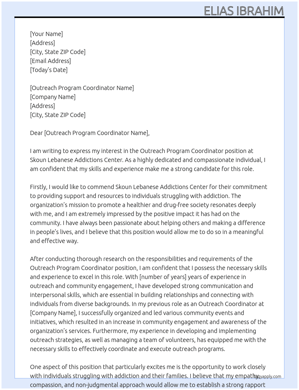 Outreach At Skoun Lebanese Addictions Center Cover Letter