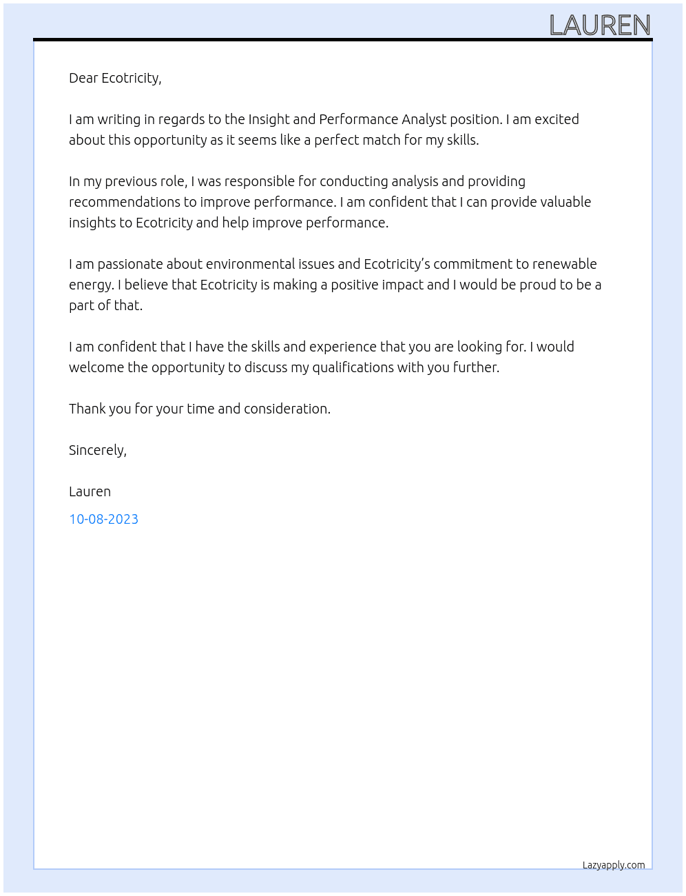 Insight and Performance Analyst At Ecotricity Cover Letter