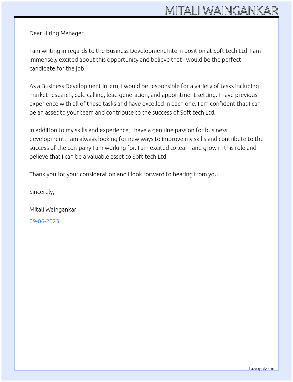 Business Development Intern At Soft tech Ltd.  Cover Letter