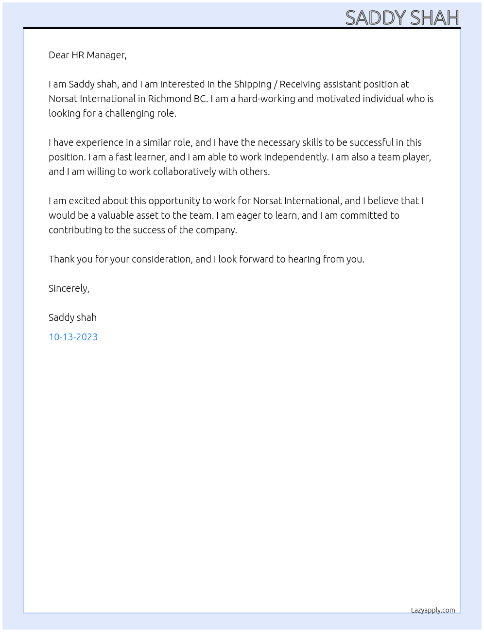 Shipping / Receiving assistant At Norsat International Richmond BC Cover Letter