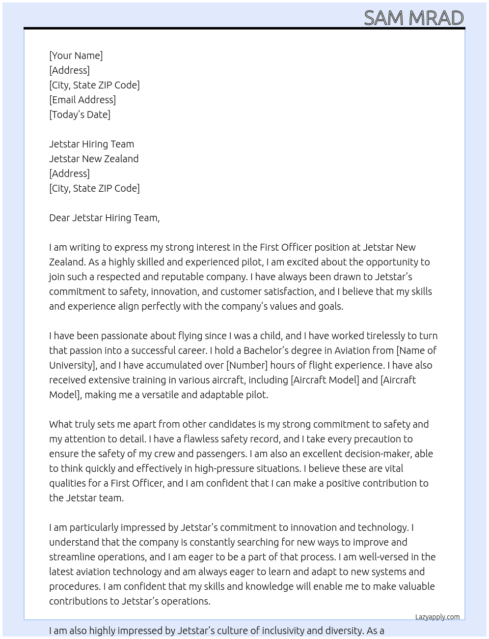 First Officer At Jetstar New Zealand Cover Letter