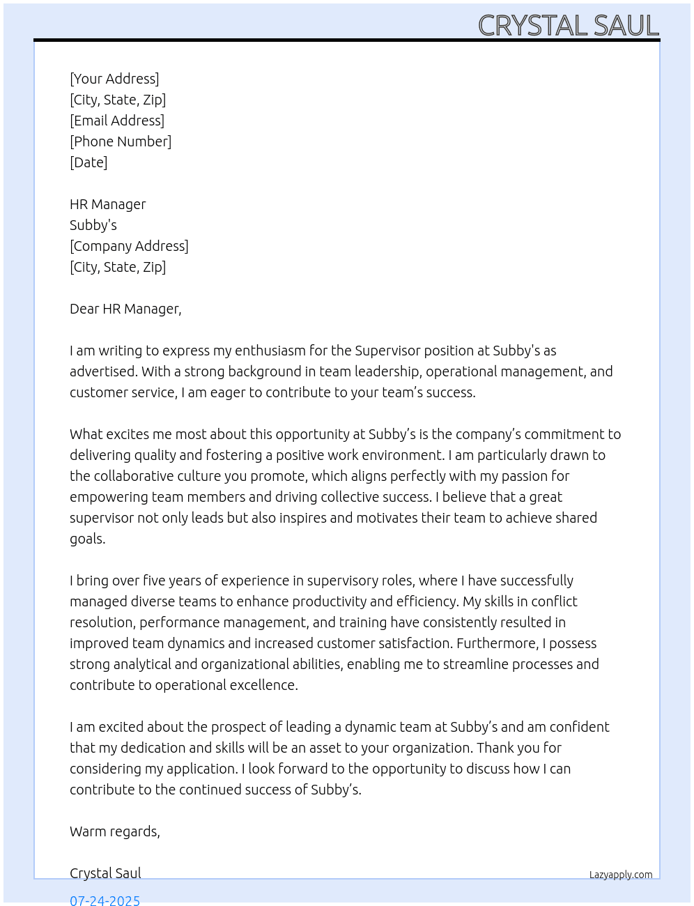 Supervisor At Subby's Cover Letter
