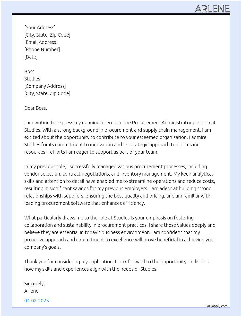 procurement administrator At Studies Cover Letter