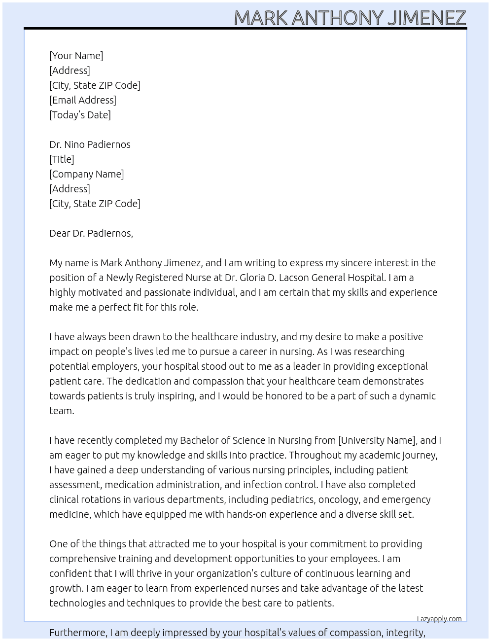 NEWLY REGISTERED NURSE At DR. GLORIA D. LACSON GENERAL HOSPITAL Cover Letter