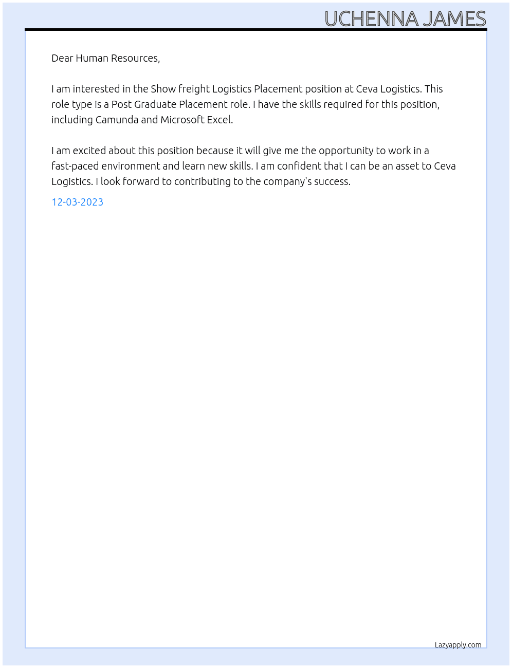 Show freight Logistics Placement At Ceva Logistics Cover Letter
