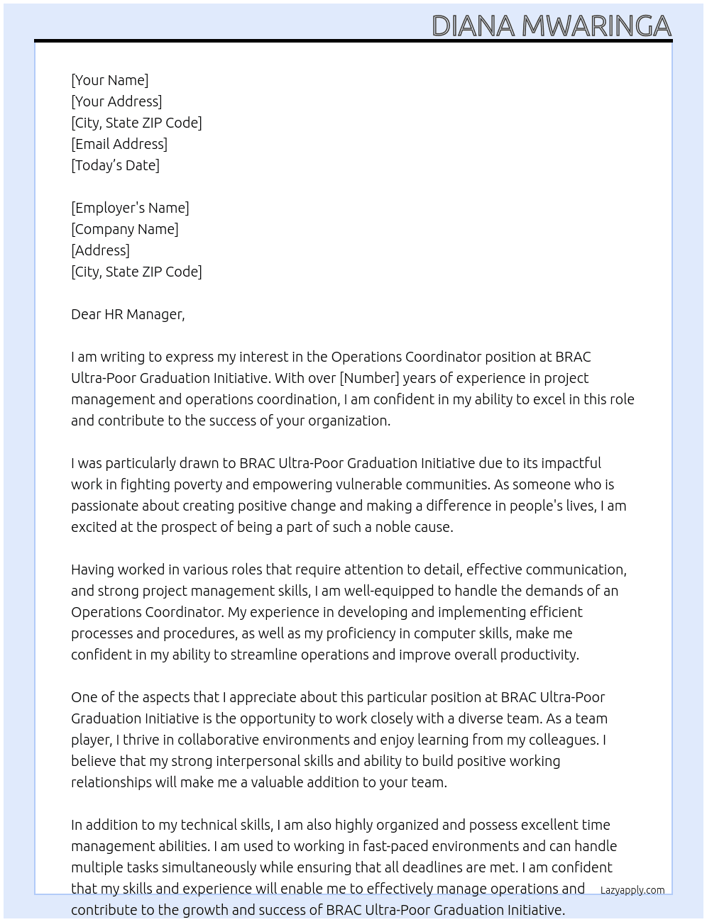 Operations Coordinator At BRAC Ultra-Poor Graduation Initiative Cover Letter