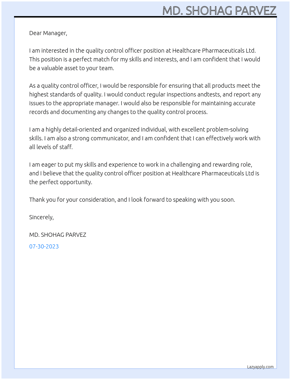 quality control officer At Healthcare Pharmaceuticals Ltd. Cover Letter