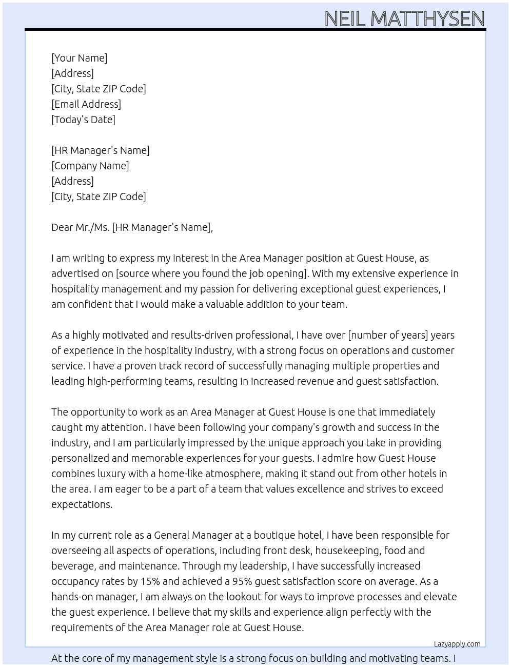 Area Manager At Guest house Cover Letter