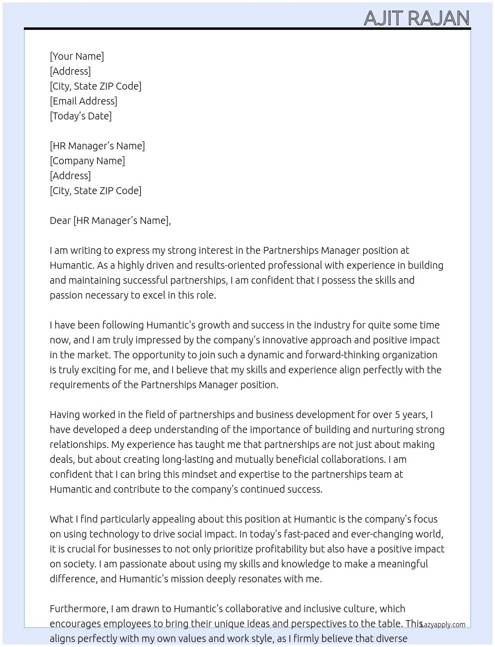 Partnerships Manager At humantic Cover Letter