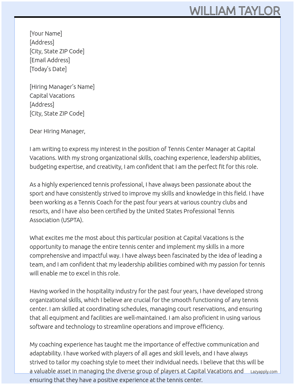Tennis Center Manager  At Capital Vacations  Cover Letter