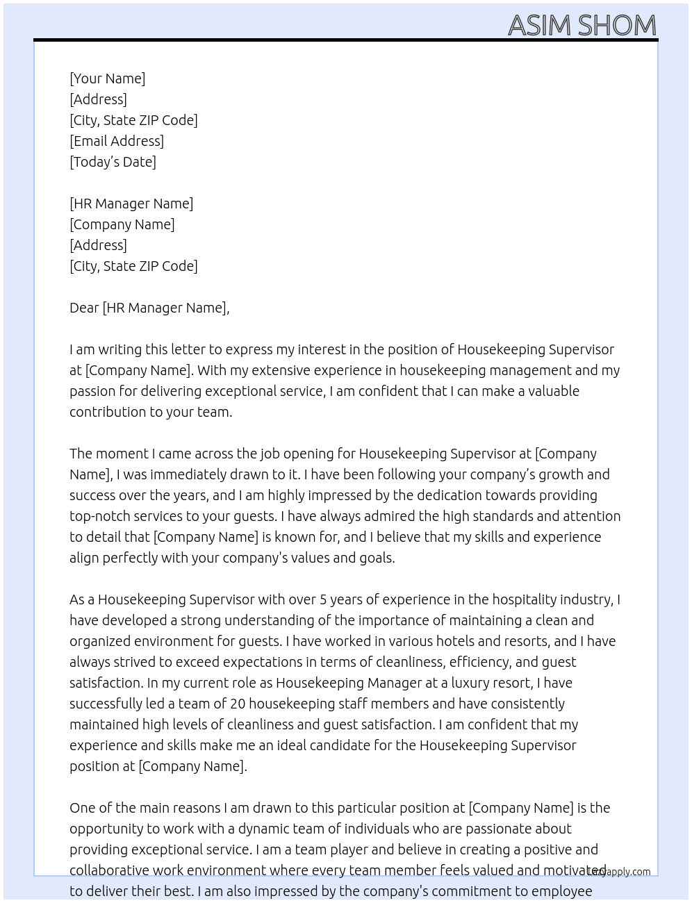 Housekeeping Supervisor At Hotel Cover Letter