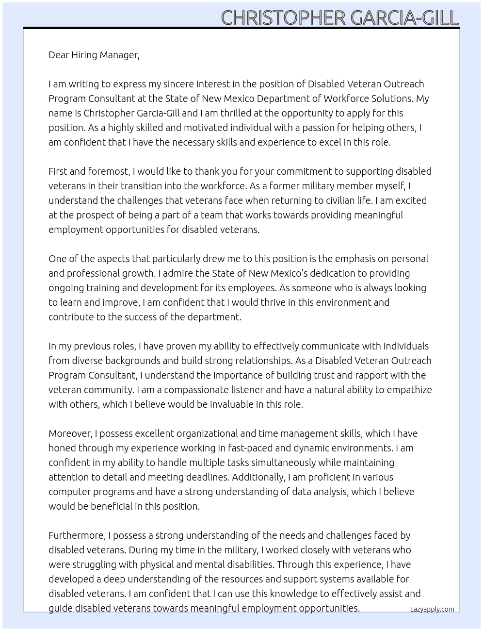 Disabled Veteran Outreach Program Consultant At STATE OF NEW MEXICO Dept of Workforce Solutions Cover Letter