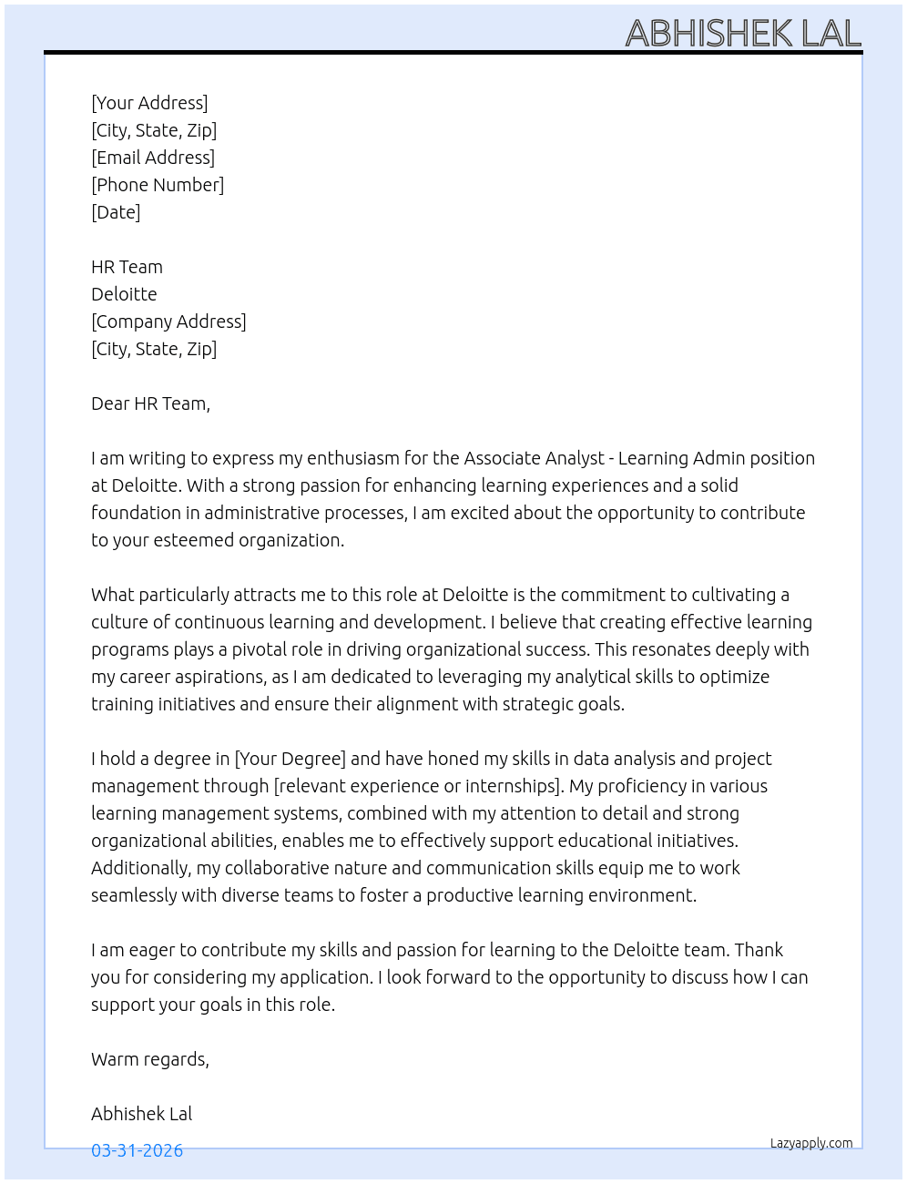 Cover letter for associate analyst - learning admin - LazyApply