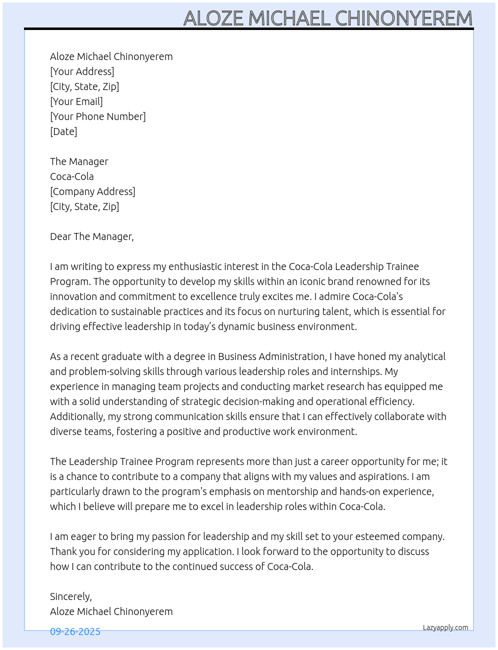 Cover letter for coca cola leadership trainee program - LazyApply