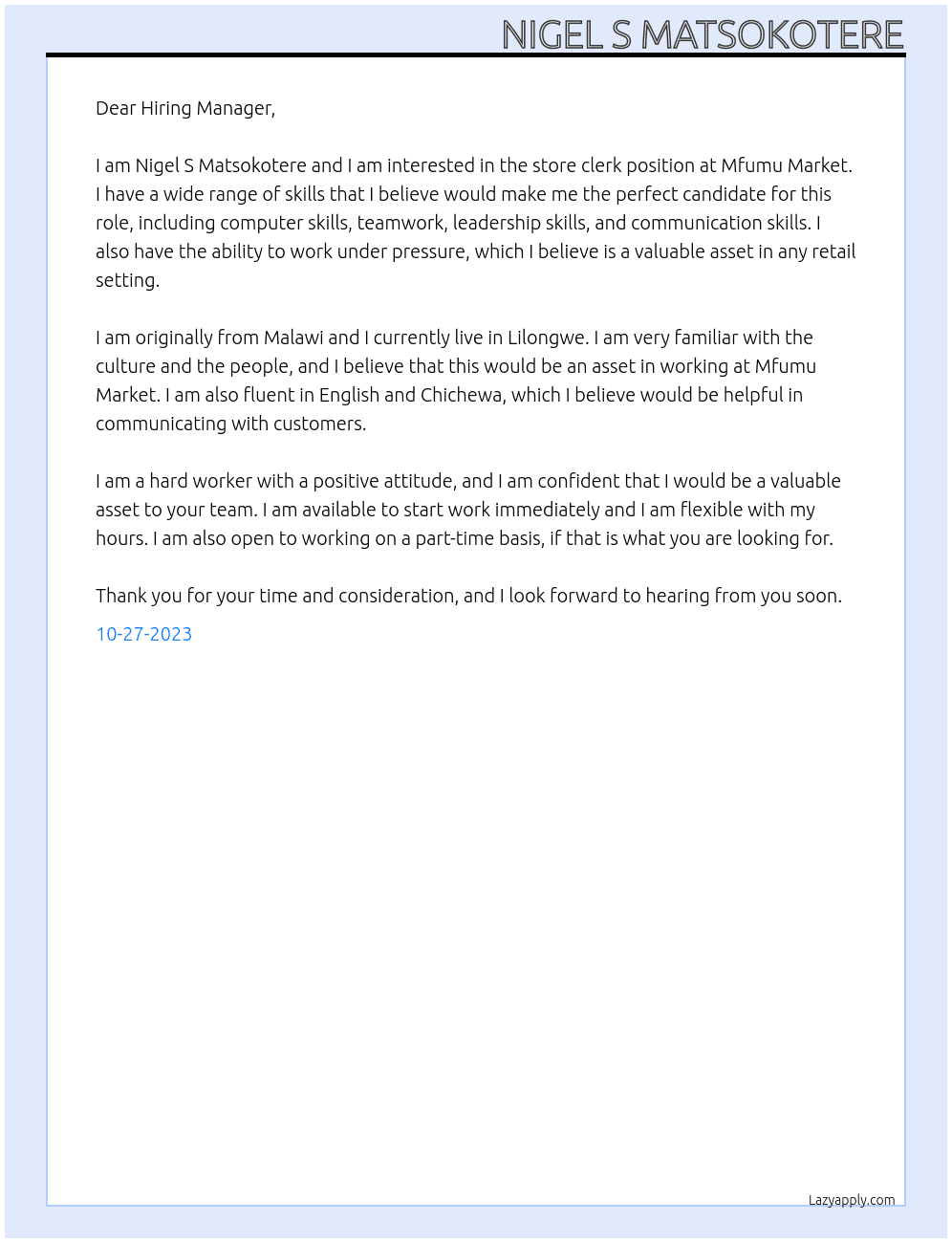 Store Clerk At Mfumu Market  Cover Letter
