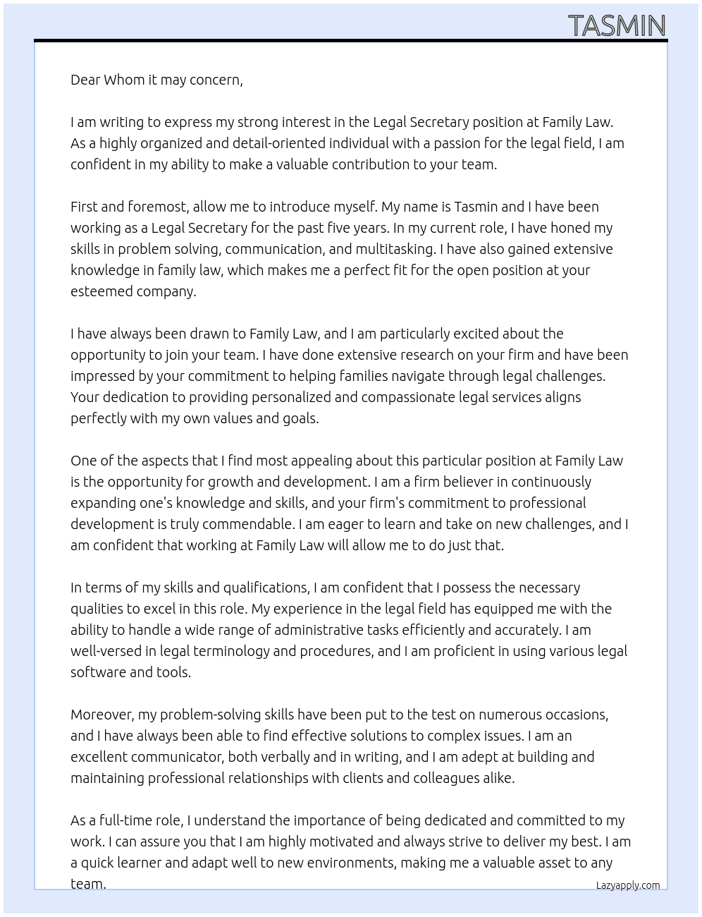 Legal secretary  At Family law  Cover Letter
